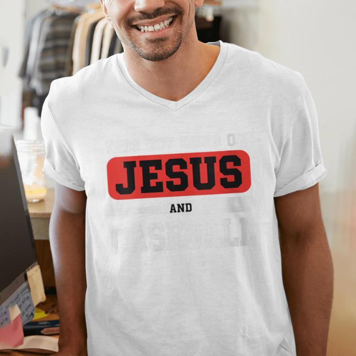 This Boy Runs On Jesus And Baseball Christian Baseball Men's V-Neck T-Shirt
