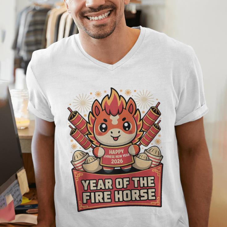 Chinese New Year 2026 Fire Horse Celebration Raglan Baseball Tee Men's V-Neck T-Shirt Chinese New Year 2026 Fire Horse Celebration Raglan Baseball Tee Men's V-Neck T-Shirt