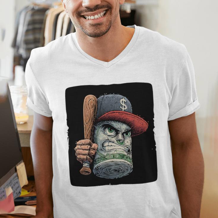 Cool Dollar Bill Guy With Cap And Baseball Costume Premium Tri-Blend Men's V-Neck T-Shirt Cool Dollar Bill Guy With Cap And Baseball Costume Premium Tri-Blend Men's V-Neck T-Shirt