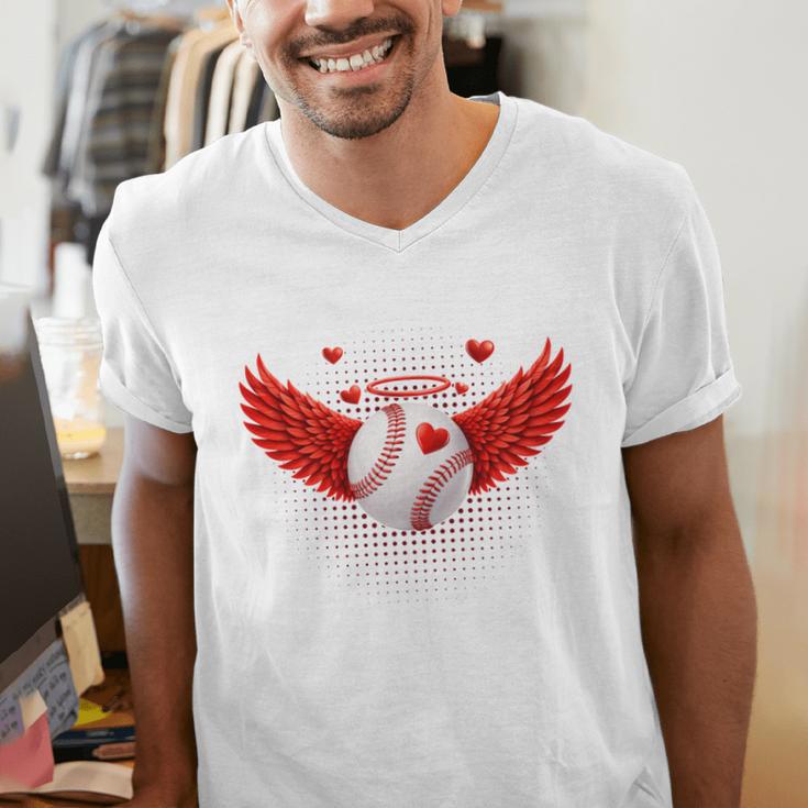 Cute Baseball &Cupid Wings Happy Valentines Boys Men Men's V-Neck T-Shirt