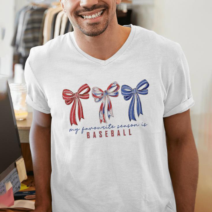 My Favorite Season Is Baseball Coquette Bow Game Day Mom Sis Men's V-Neck T-Shirt My Favorite Season Is Baseball Coquette Bow Game Day Mom Sis Men's V-Neck T-Shirt