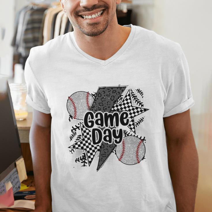 Game Day Baseball Retro Checkered Baseball Men's V-Neck T-Shirt Game Day Baseball Retro Checkered Baseball Men's V-Neck T-Shirt