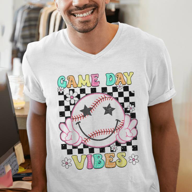 Game Day Vibes Softball Baseball Groovy Game Day Girls Women Men's V-Neck T-Shirt