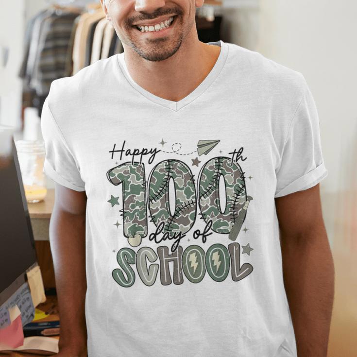 Happy 100th Day Of School Baseball Camo Boys Kids Toddler Men's V-Neck T-Shirt