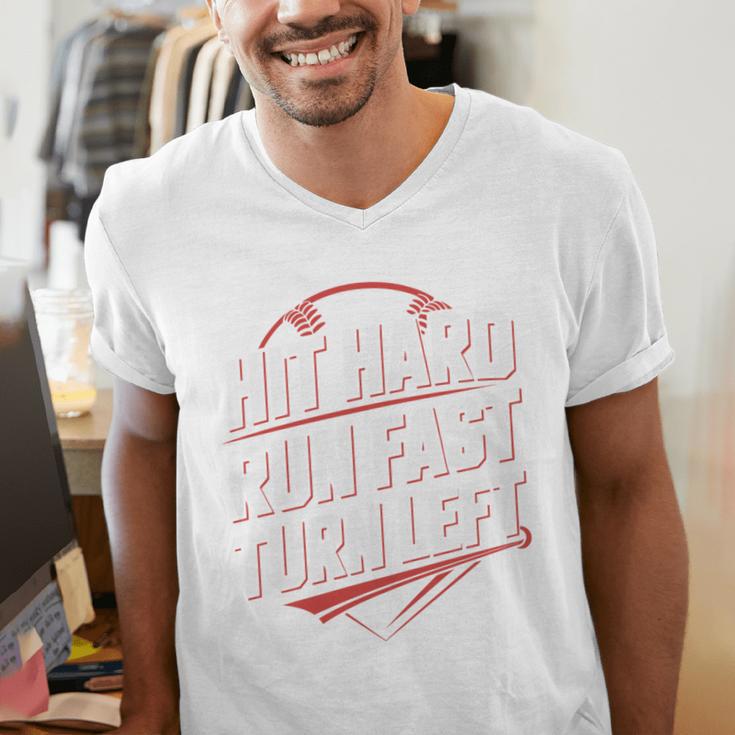 Hit Hard Run Fast Turn Left Baseball Fan Red Graphic Men's V-Neck T-Shirt Hit Hard Run Fast Turn Left Baseball Fan Red Graphic Men's V-Neck T-Shirt