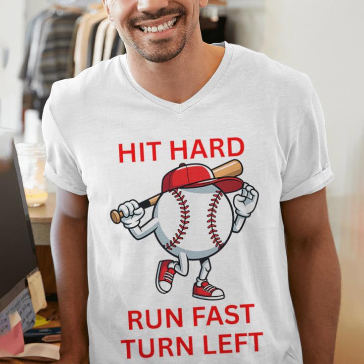 Hit Hard Run Fast Turn Left Baseball Player Premium Tri-Blend Men's V-Neck T-Shirt Hit Hard Run Fast Turn Left Baseball Player Premium Tri-Blend Men's V-Neck T-Shirt
