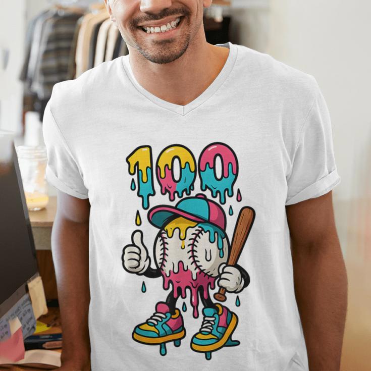 Ice Cream Drip Baseball Party 100 Days Of School Teacher Men's V-Neck T-Shirt Ice Cream Drip Baseball Party 100 Days Of School Teacher Men's V-Neck T-Shirt
