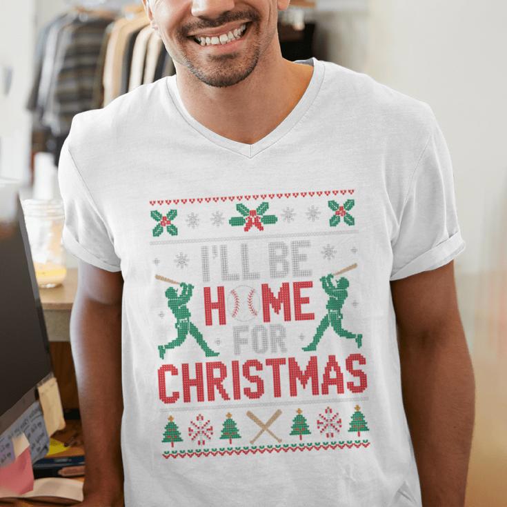 I’Ll Be Home For Christmas Baseball Ugly Sweater Art Men's V-Neck T-Shirt