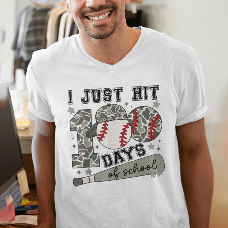 I Just Hit 100 Days Of School Teacher Baseball Boys Kids Men's V-Neck T-Shirt I Just Hit 100 Days Of School Teacher Baseball Boys Kids Men's V-Neck T-Shirt