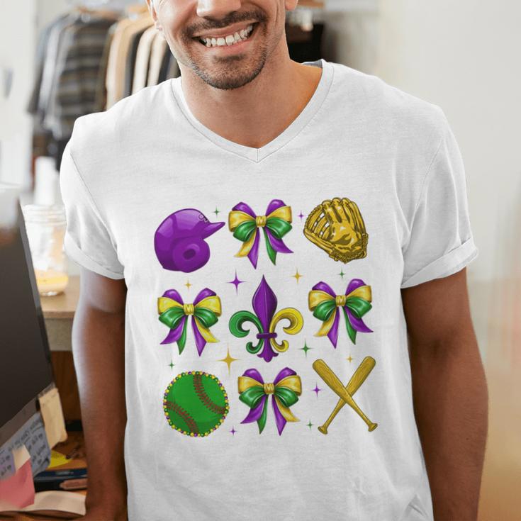 Mardi Gras Baseball Coquette Bow Fat Tuesday Parade Girls Men's V-Neck T-Shirt Mardi Gras Baseball Coquette Bow Fat Tuesday Parade Girls Men's V-Neck T-Shirt