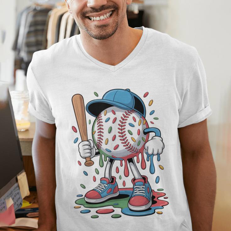 Melting Slime Sprinkle Baseball Mascot With Bat Men's V-Neck T-Shirt Melting Slime Sprinkle Baseball Mascot With Bat Men's V-Neck T-Shirt