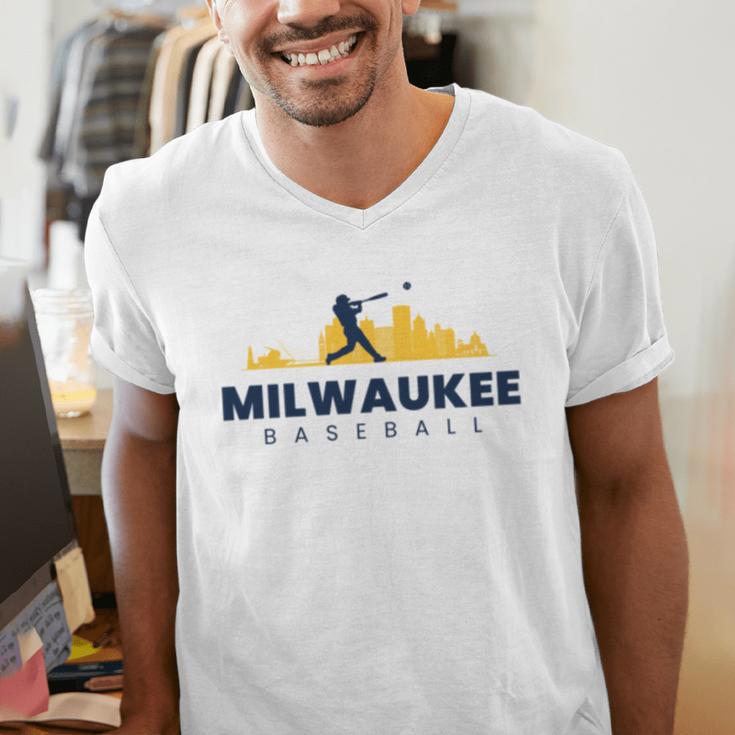 Milwaukee Baseball Minimalist City Skyline Baseball Lover Men's V-Neck T-Shirt Milwaukee Baseball Minimalist City Skyline Baseball Lover Men's V-Neck T-Shirt