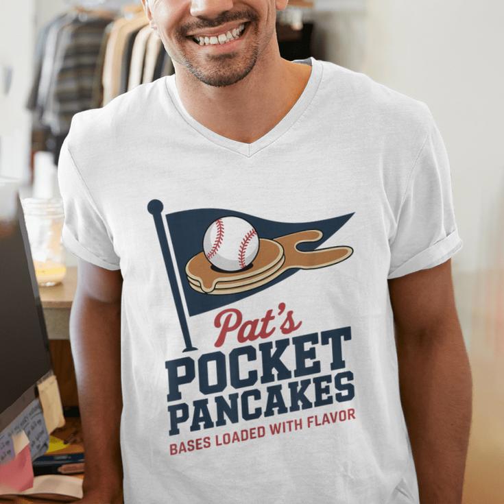 Pat's Pocket Pancakes Flag Baseball On Pancake Men's V-Neck T-Shirt Pat's Pocket Pancakes Flag Baseball On Pancake Men's V-Neck T-Shirt