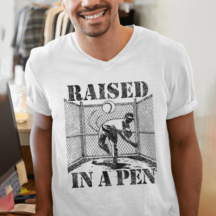 Raised In a Pen Baseball Pitcher Saying Bullpen Men's V-Neck T-Shirt