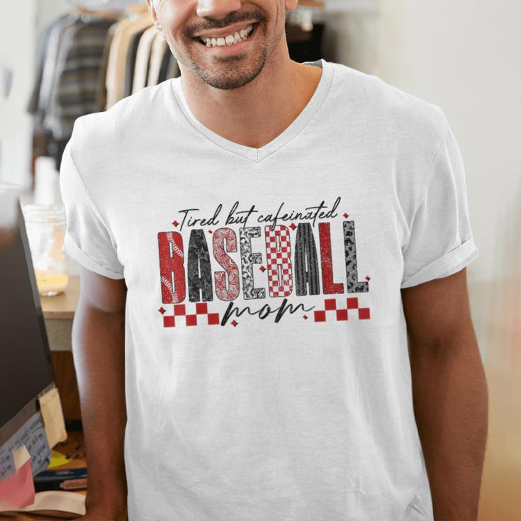 Retro Checkered Tired But Caffeinated Baseball Mom Leopard Men's V-Neck T-Shirt Retro Checkered Tired But Caffeinated Baseball Mom Leopard Men's V-Neck T-Shirt