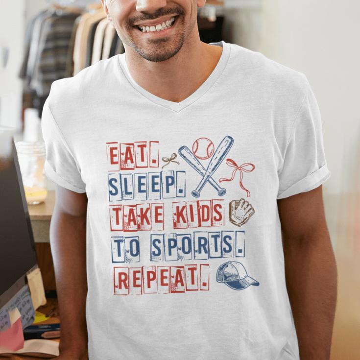 Retro Eat Sleep Take Kids To Sports Repeat Game Day Baseball Men's V-Neck T-Shirt Retro Eat Sleep Take Kids To Sports Repeat Game Day Baseball Men's V-Neck T-Shirt