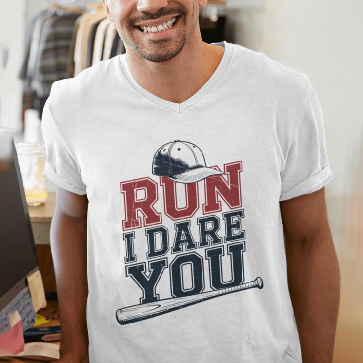 Run I Dare You Baseball Catcher Player Fan Men's V-Neck T-Shirt