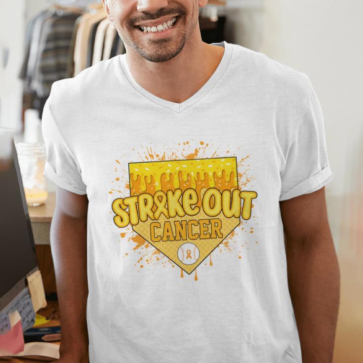 Strike Out Childhood Cancer Boys Baseball Drip Gold Ribbon Men's V-Neck T-Shirt