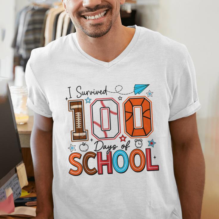 I Survived 100 Days Baseball Football Basketball School Kids Men's V-Neck T-Shirt I Survived 100 Days Baseball Football Basketball School Kids Men's V-Neck T-Shirt
