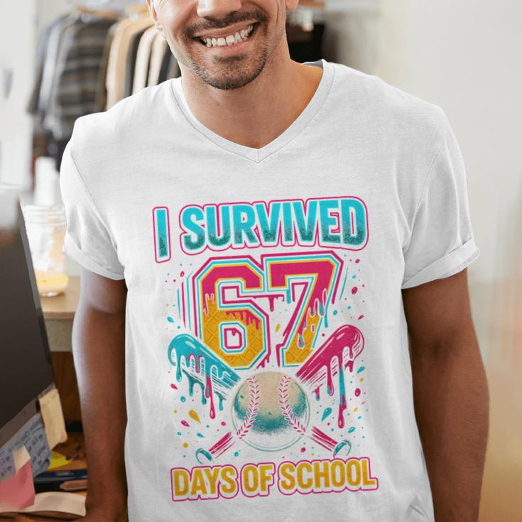 I Survived 67 Days Of School Baseball Drip Six Seven Meme Men's V-Neck T-Shirt