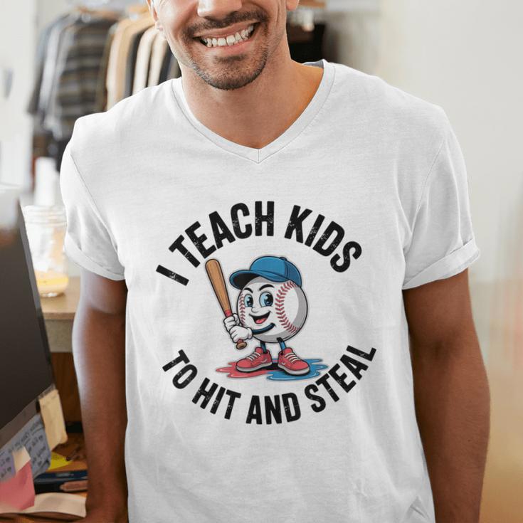 I Teach Kids To Hit And Steal Baseball Softball Coach Men's V-Neck T-Shirt I Teach Kids To Hit And Steal Baseball Softball Coach Men's V-Neck T-Shirt