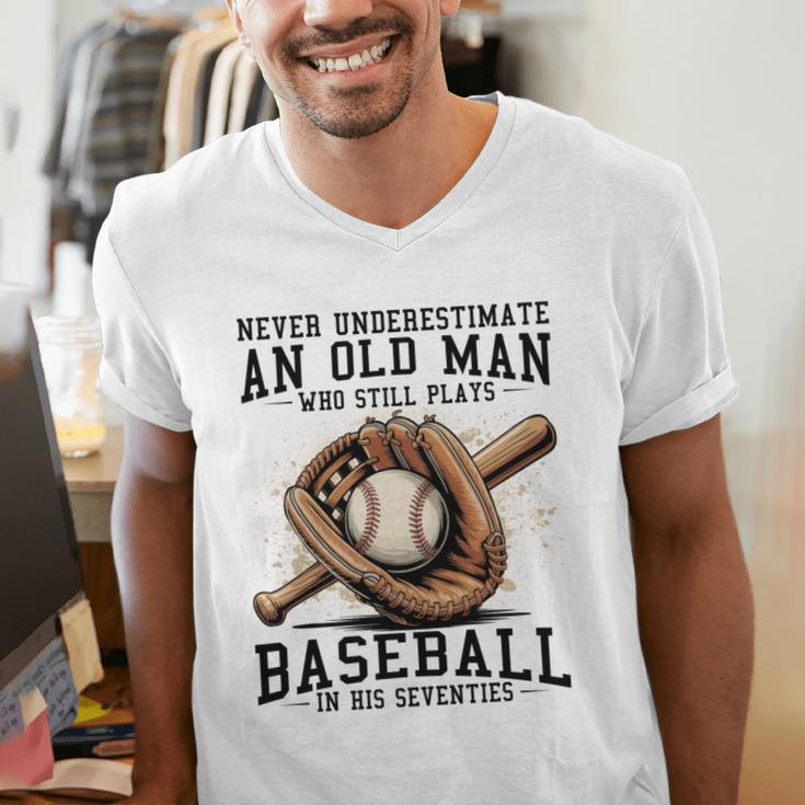 Never Underestimate Old Man Plays Baseball In His Seventies Men's V-Neck T-Shirt