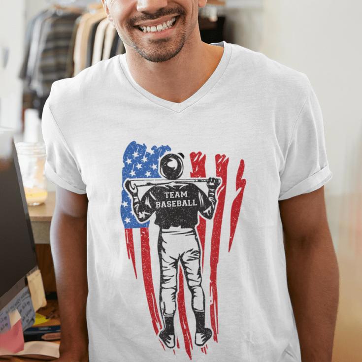 US Flag Baseball Player Batter Sport Lover Team Coach Family Men's V-Neck T-Shirt US Flag Baseball Player Batter Sport Lover Team Coach Family Men's V-Neck T-Shirt