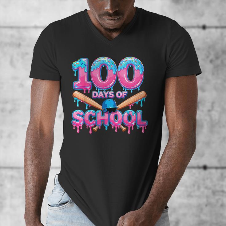 100 Days Of School Baseball Dripping Ice Cream 100th Day Men's V-Neck T-Shirt