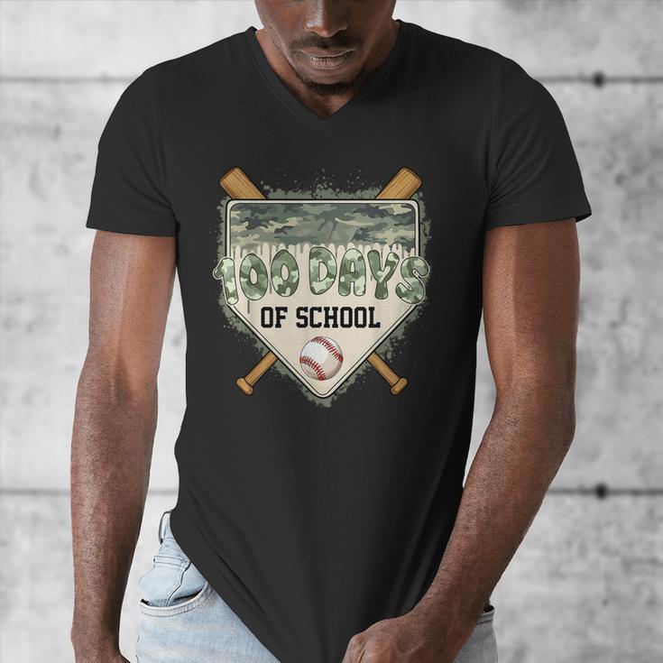 100 Days Of School Home Plate Camo Baseball Dripping Boys Men's V-Neck T-Shirt