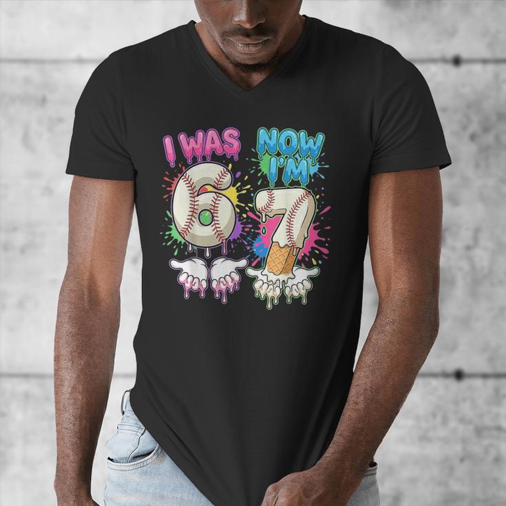 I Was 6 Now I'm 7 Baseball Drip 67 Birthday Boy 7th Birthday Men's V-Neck T-Shirt I Was 6 Now I'm 7 Baseball Drip 67 Birthday Boy 7th Birthday Men's V-Neck T-Shirt
