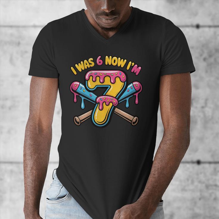 I Was 6 Now I'm 7 Dripping Ice Cream Baseball 67 Drip Men's V-Neck T-Shirt I Was 6 Now I'm 7 Dripping Ice Cream Baseball 67 Drip Men's V-Neck T-Shirt