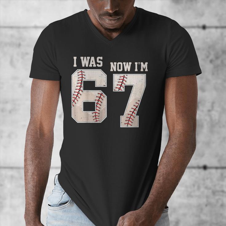 I Was 6 Now I'm 7 Year Old Birthday 67 Meme Baseball Bday Men's V-Neck T-Shirt
