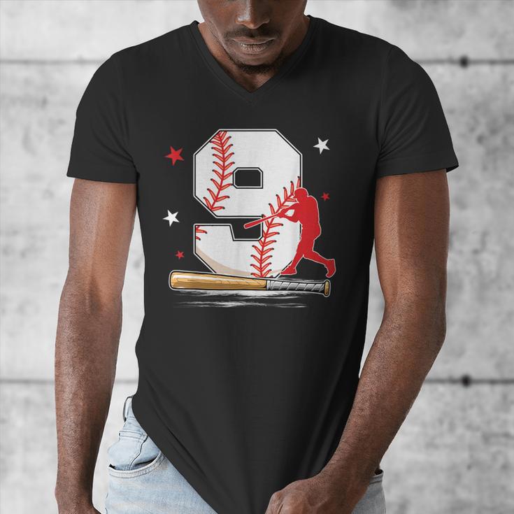 9 Years Old Baseball Birthday Boy 9th Bday Party Men's V-Neck T-Shirt