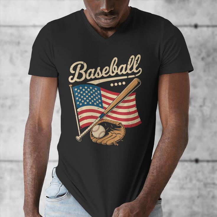 American Flag Baseball Player Bat Fan Catcher Pitcher USA Men's V-Neck T-Shirt