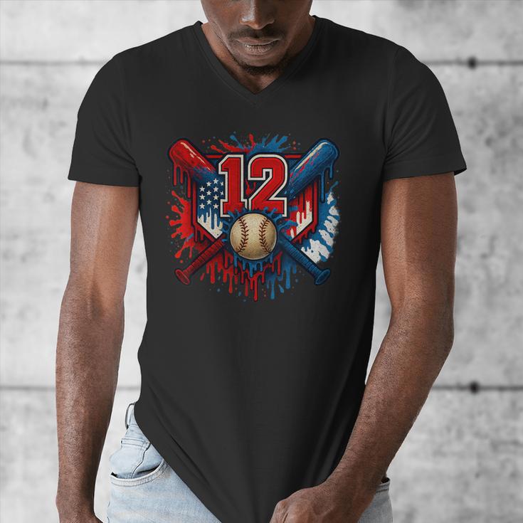 Baseball 12 Year Old Splash Drip 12th Birthday Boy Number 12 Men's V-Neck T-Shirt Baseball 12 Year Old Splash Drip 12th Birthday Boy Number 12 Men's V-Neck T-Shirt