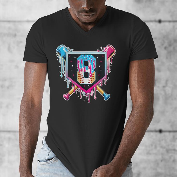 Baseball 8 Year Old Boy Ice Cream Drip 8th Birthday Player Men's V-Neck T-Shirt