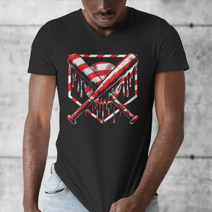 Baseball Candy Cane Christmas Baseball Ice Cream Drip Boys Men's V-Neck T-Shirt Baseball Candy Cane Christmas Baseball Ice Cream Drip Boys Men's V-Neck T-Shirt