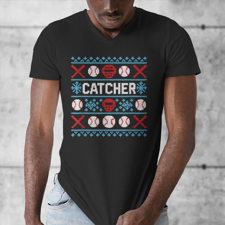 Baseball Catcher Ugly Christmas Sweater Pattern Sports Xmas Men's V-Neck T-Shirt Baseball Catcher Ugly Christmas Sweater Pattern Sports Xmas Men's V-Neck T-Shirt