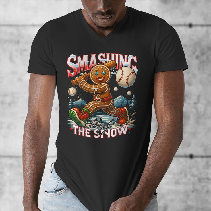 Baseball Player Christmas Gingerbread Smashing Through Snow Men's V-Neck T-Shirt Baseball Player Christmas Gingerbread Smashing Through Snow Men's V-Neck T-Shirt