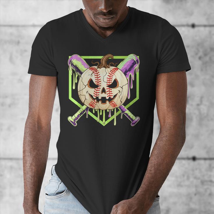 Baseball Pumpkin Halloween Baseball Drip Spooky Halloween Men's V-Neck T-Shirt