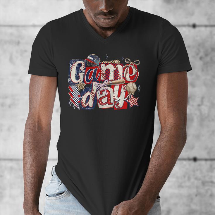 Game Day Baseball Leopard Coquette Bow Mama Mom Sister Men's V-Neck T-Shirt