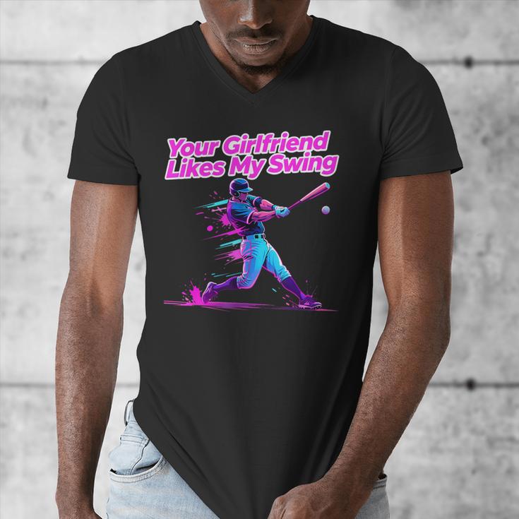Your Girlfriend Likes My Swing Baseball Quote Boys Men Men's V-Neck T-Shirt Your Girlfriend Likes My Swing Baseball Quote Boys Men Men's V-Neck T-Shirt
