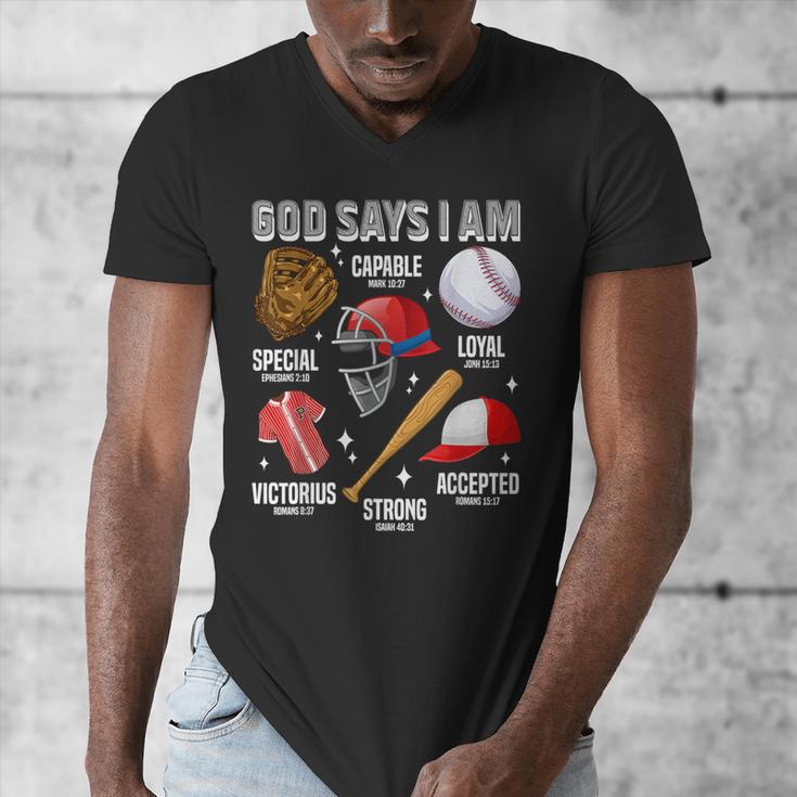 God Says I Am Baseball Player Catcher Pitcher Boys Men Men's V-Neck T-Shirt