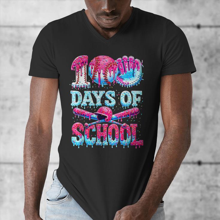 Happy 100 Days Of School Game Day Baseball Ice Cream Drip Men's V-Neck T-Shirt Happy 100 Days Of School Game Day Baseball Ice Cream Drip Men's V-Neck T-Shirt