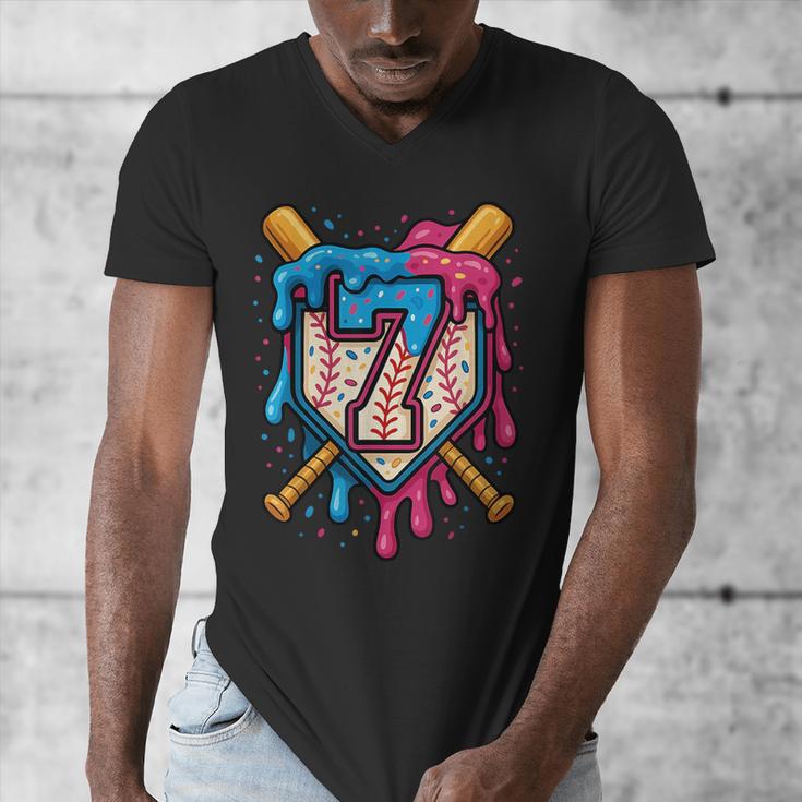 HUGvyn 7th Birthday Baseball Ice Cream Drip Number 7 Kid Boy Men's V-Neck T-Shirt HUGvyn 7th Birthday Baseball Ice Cream Drip Number 7 Kid Boy Men's V-Neck T-Shirt