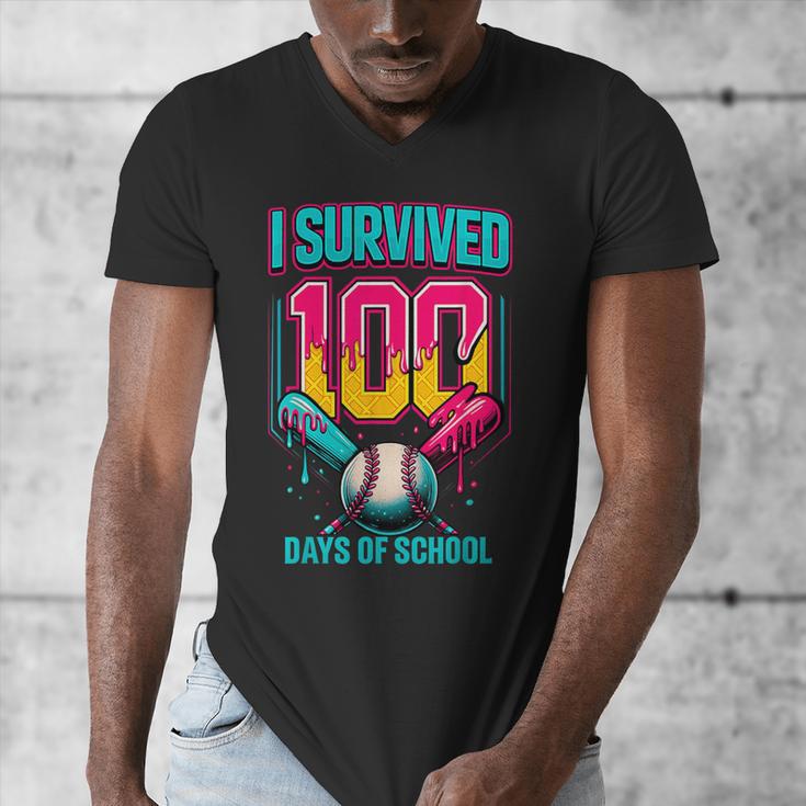 HUGvyn I Survived 100 Days Baseball Teacher Ice Cream Drip Men's V-Neck T-Shirt