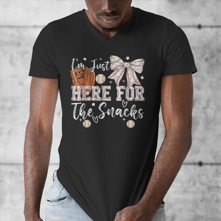 I'm Just Here For The Snacks Baseball Coquette Game Day Girl Men's V-Neck T-Shirt I'm Just Here For The Snacks Baseball Coquette Game Day Girl Men's V-Neck T-Shirt