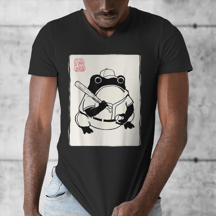 Japanese Grumpy Frog Baseball Player Baseball Men's V-Neck T-Shirt Japanese Grumpy Frog Baseball Player Baseball Men's V-Neck T-Shirt