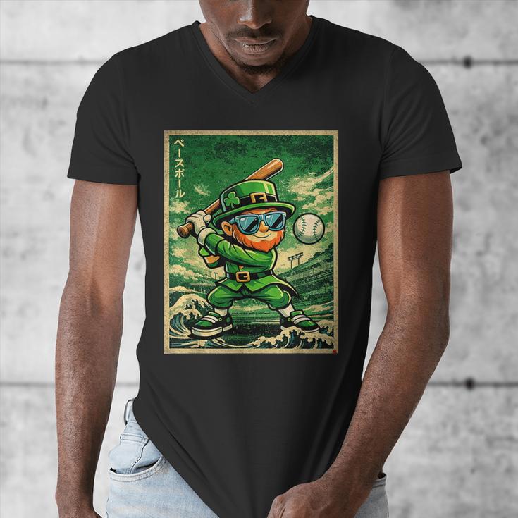 Leprechaun Playing Baseball Japanese Art St Patricks Day Men's V-Neck T-Shirt Leprechaun Playing Baseball Japanese Art St Patricks Day Men's V-Neck T-Shirt