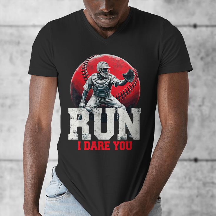 Run I Dare You Baseball Ball Player Catcher Coach Tee Men's V-Neck T-Shirt Run I Dare You Baseball Ball Player Catcher Coach Tee Men's V-Neck T-Shirt